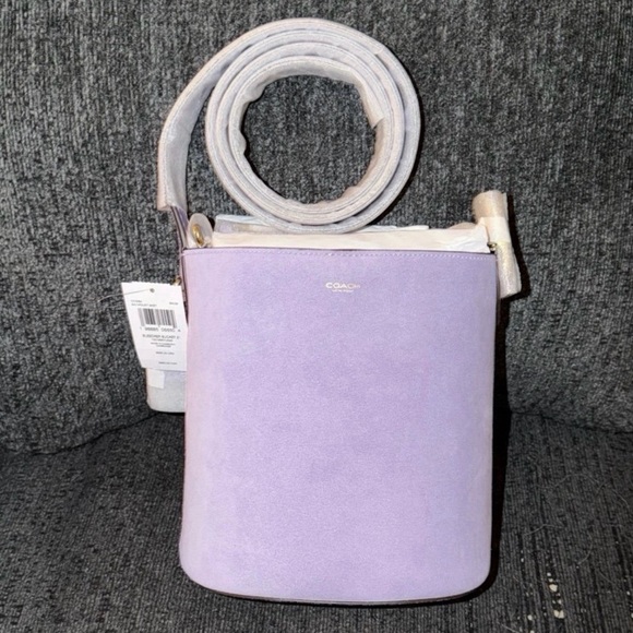 Coach Bleecker Bucket Bag 21 & Pouch in Brass/Violet Mist Purple Suede NWT